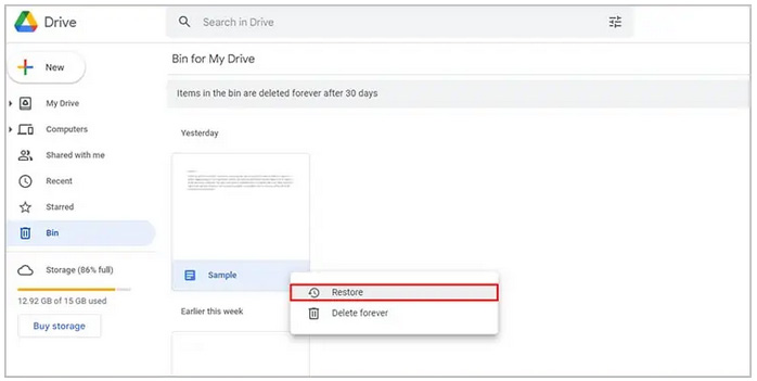 Google Drive recover Deleted Files